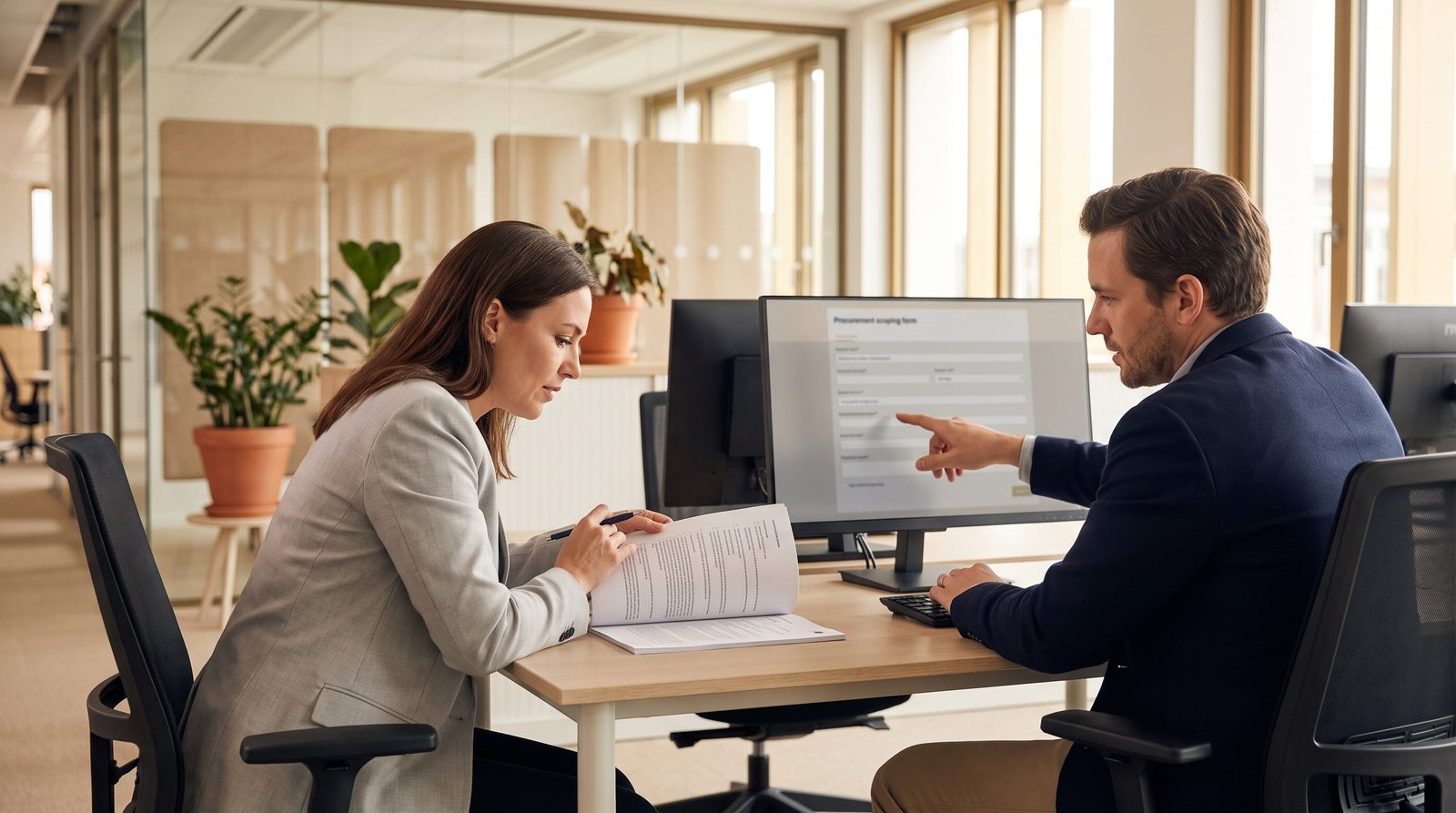 Two colleagues checking scope, volume, rubric, and acceptance in an AI data brief before sending it to suppliers.