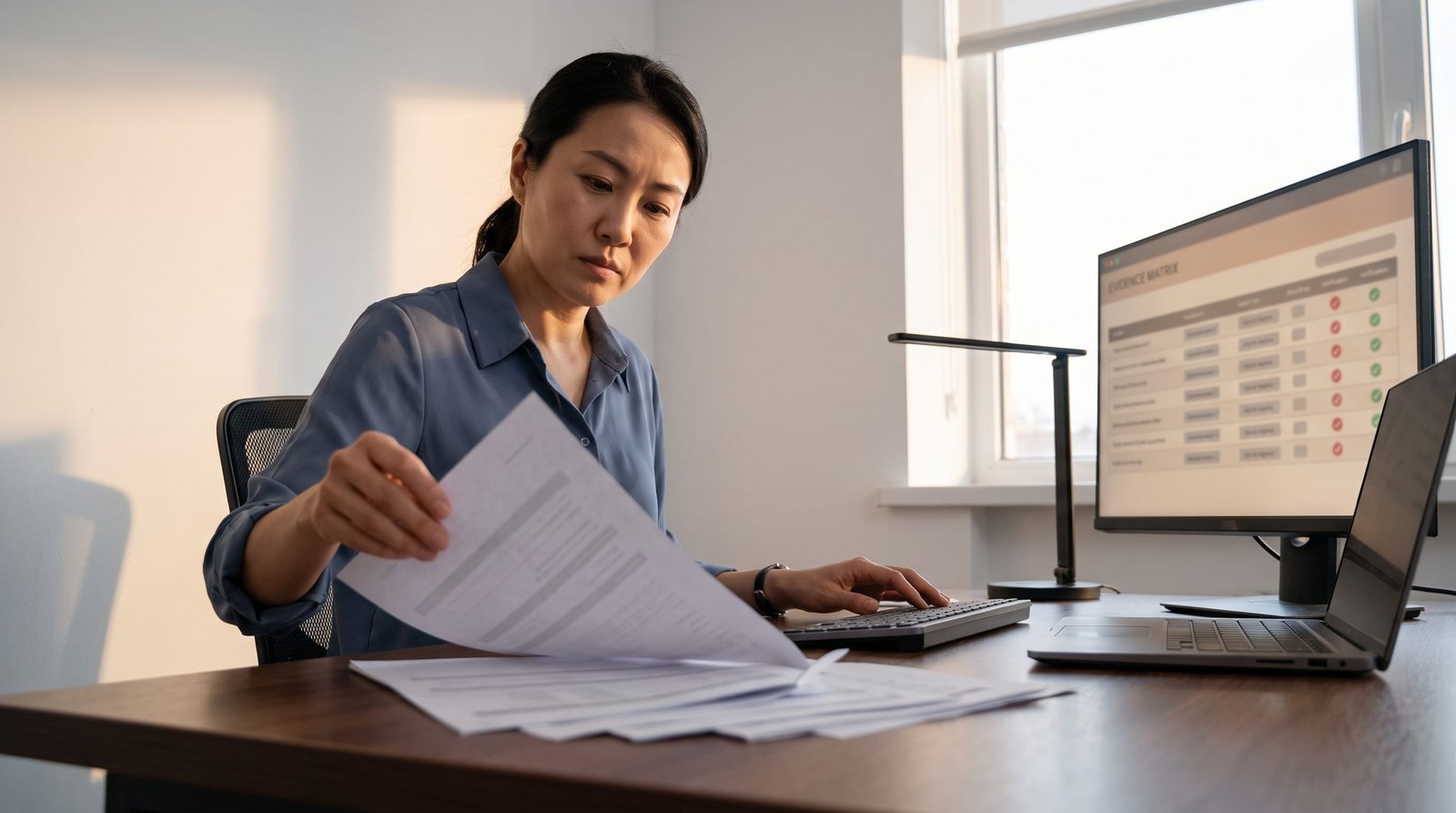 A procurement reviewer setting each supplier claim beside the evidence, dependency, and decision behind it.