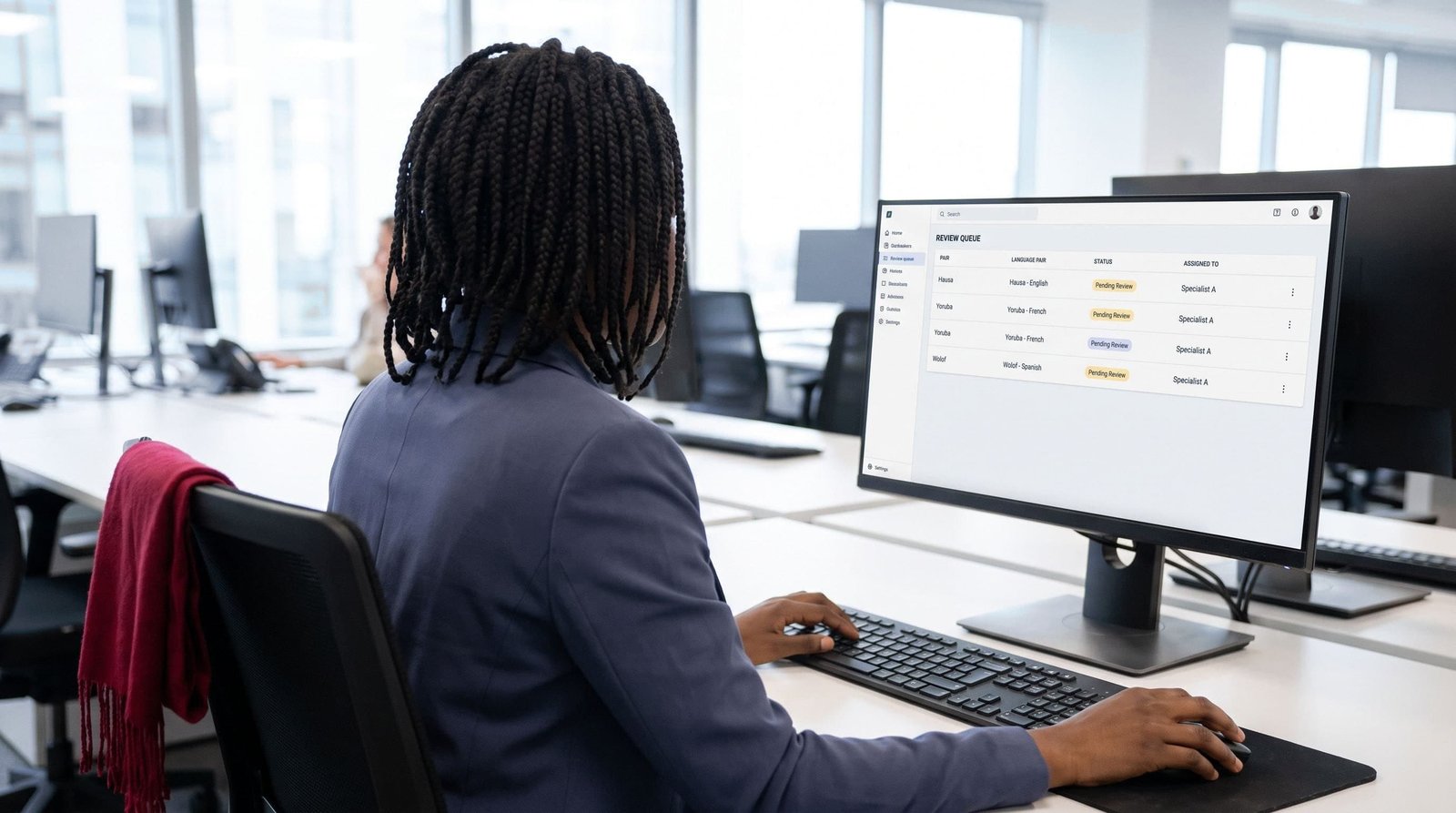 West Africa language operations workspace showing reviewer routing and workflow tracking.