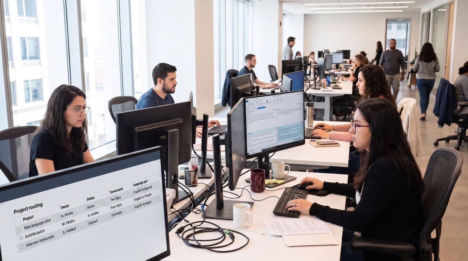 Multilingual language-services operations floor with a live project routing and scheduling application.